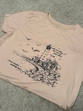 Women's Beige Graphic Tee with Lighthouse Print August Lyrics